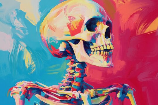 Abstract skeleton portrait colorful paint human skeleton side view digital art vivid color anatomy art painted bone surreal illustration skull