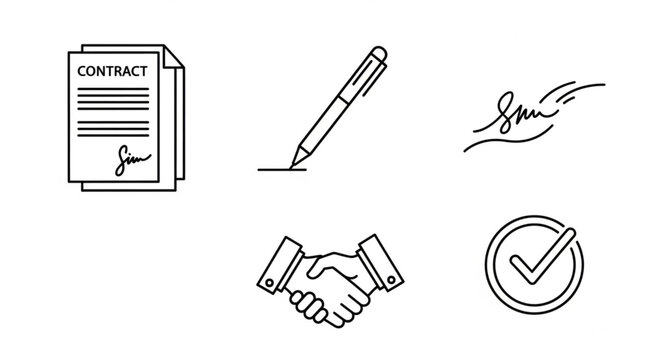 Business agreement icons including contract handshake pen and signature.