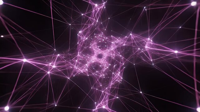 A stunning network of glowing pink lines and nodes forms a complex web-like structure on a dark background.