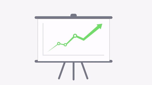 Business presentation board with upward trend graph in flat 2d style, financial motion animation isolated on transparent background with alpha channel