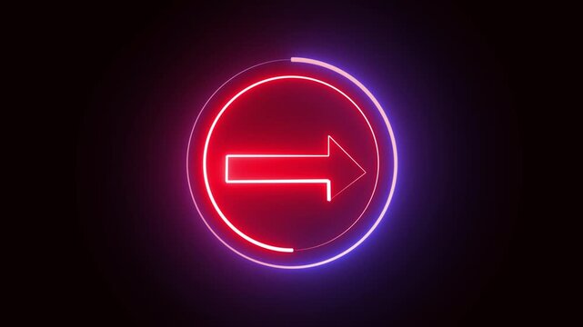 Red purple neon arrow motion. Future technology hud u i u x design element seamless loop. Neon arrow red purple circle glowing animation. Loop seamless motion graphics abstract background.