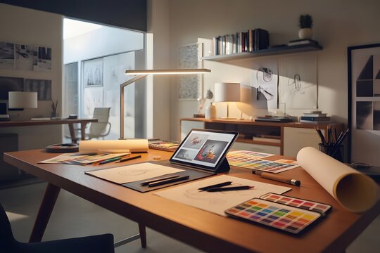 Graphic design workspace, modern studio desk, creative office setup, colorful art supplies
