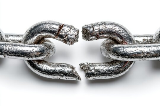 Close-Up Macro of Heavy Steel Metal Chain Link Breaking Apart Under Force Isolated on White Background &mdash; Weakness Failure Concept