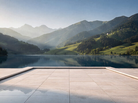 Mountain Lake View from a Modern Outdoor Terrace at Sunrise or Sunset