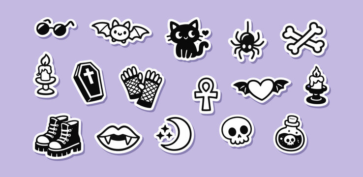 Cute gothic and spooky icons collection with bats, skulls, and coffins. Vector