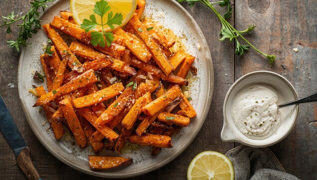 Sweet potato and carrot fries with parmesan and lemon yogurt dip.