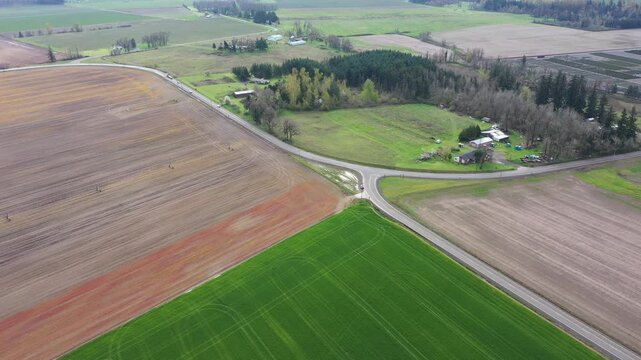 4K aerial drone view of rural farmland with houses surrounded by cultivated fields in Oregon USA showing crop, tractor patterns and countryside landscape in Pacific Northwest