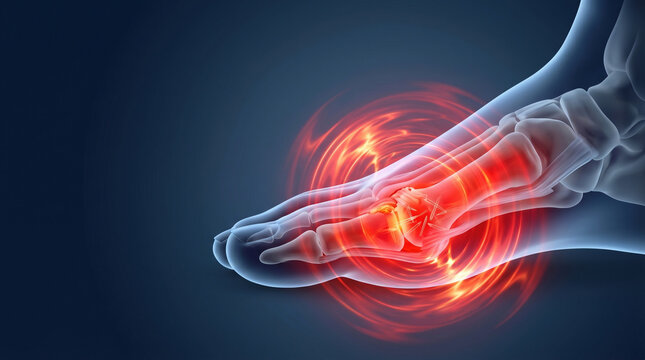 Gout attack foot pain in joint, medical illustration of swollen foot with red inflammation and bone pain on dark background