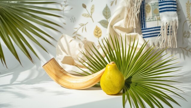 Symbols of Jewish festivals. Ceremonial items like a shofar, etrog, lulav, and tallit.