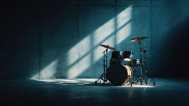 Professional Black Drum Kit Set Alone in Dark Moody Blue Rehearsal Studio Room with Dramatic Window Light Rays