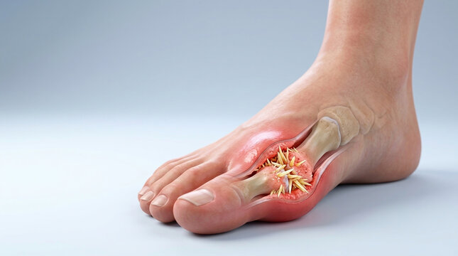 Gout attack in big toe joint with red pain and inflammation, medical foot pain concept
