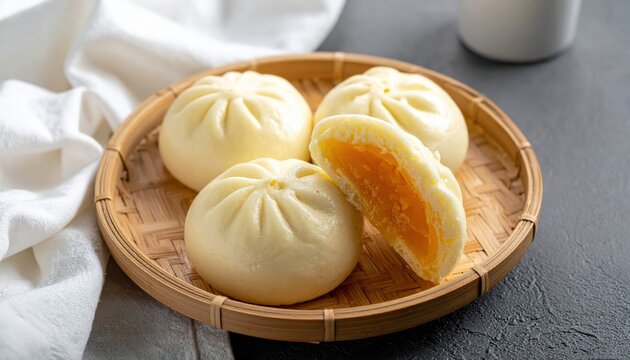 Dimpled surface of steamed custard buns, also known as Nai Wong Bao, showcase a pale yellow, rich filling.