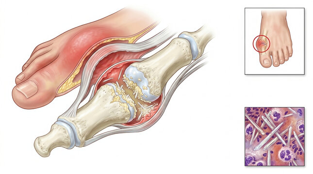 Gout attack in big toe joint with inflammation and uric acid crystal pain