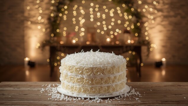 Tasty white coconut-flaked Raffaello cake.