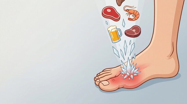 Gout attack in foot with painful inflammation and swelling from meat and alcohol diet