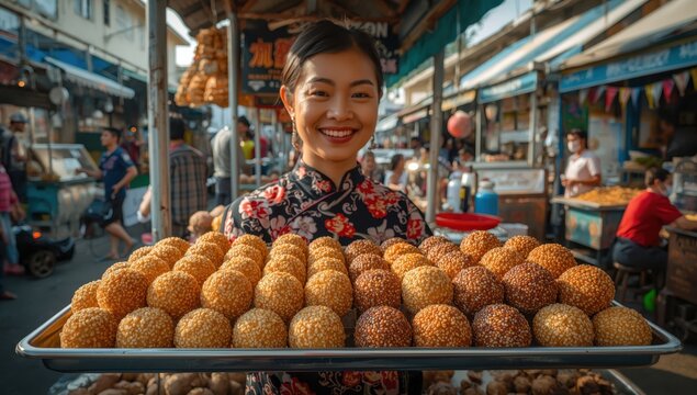 Thai dessert, sesame balls on a vendor's stainless steel tray.