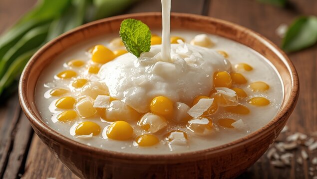 Thai pudding with sago or tapioca, corn, and coconut milk.