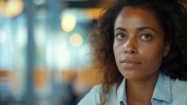 A woman sitting in a cafe, looking slightly away from the camera with an introspective look on her face