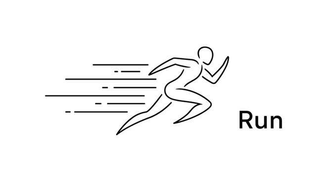 Minimalist black line art illustration of a person sprinting with motion lines and the word run written next to the athlete figure.