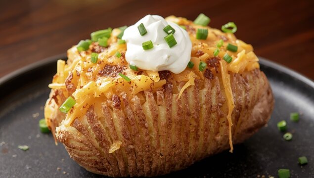 Twice-baked potato with cheese and scallion garnish.