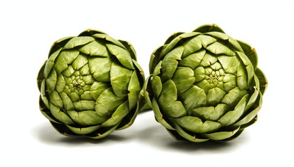 Fototapeta premium Two fresh artichokes on a white background.