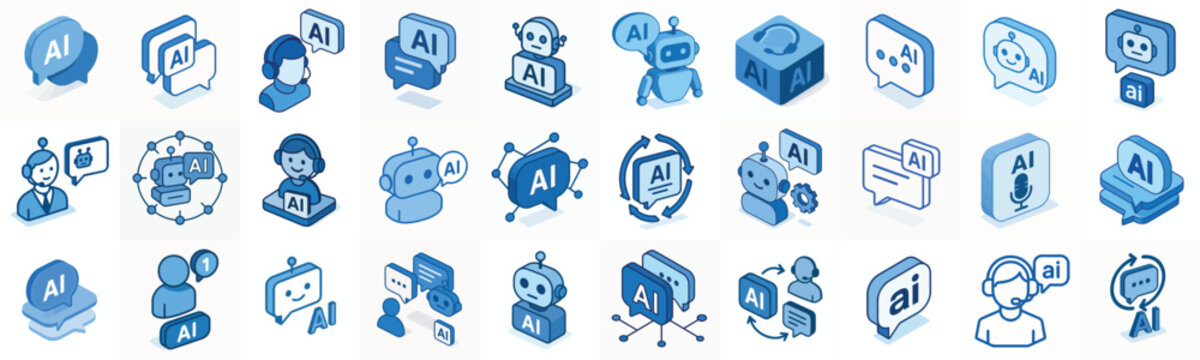 Vector isometric icon sheet AI Chatbot and virtual assistant dominant blue color