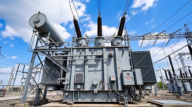 Industrial electrical substation transformer with ceramic insulators and power lines, sky.