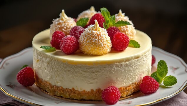 Unbaked cheesecake topped with rafaello and raspberries.