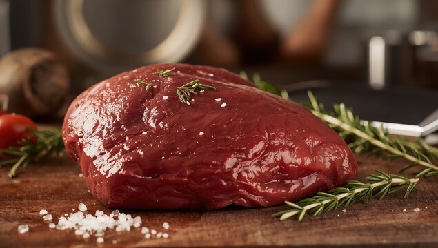 Uncooked beef liver chunk for preparation.