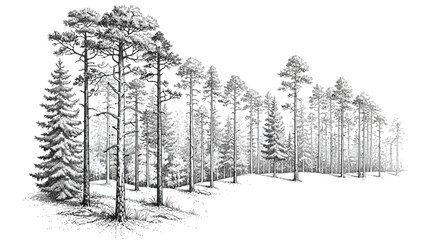 Handdrawn illustration of a pine forest landscape with tall coniferous trees © S.Siam