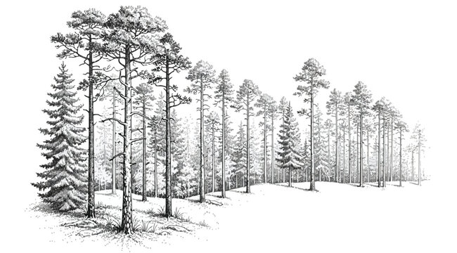 Handdrawn illustration of a pine forest landscape with tall coniferous trees