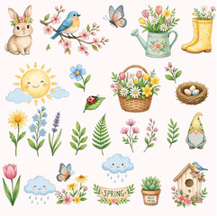 Obraz premium Seamless Easter themed pattern set with cute cartoon animals, birds, flowers, butterflies, hearts and spring nature elements in cartoon vector illustration for baby wallpaper and scrapbook design