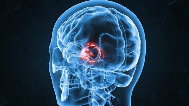 3D X-ray visualization of human brain with red tumor. Medical concept.