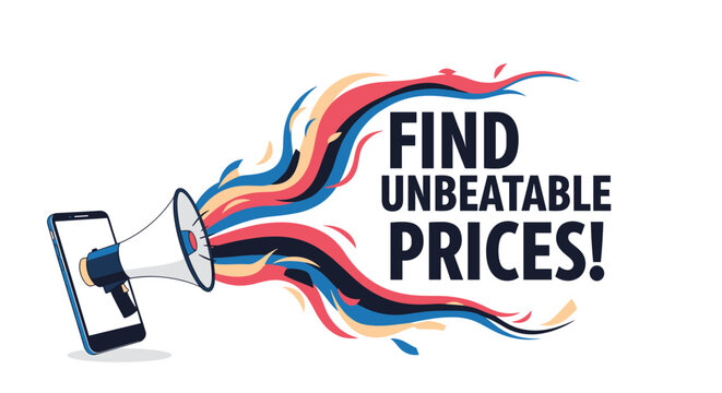 Megaphone on a smartphone screen announcing find unbeatable prices with colorful energy trails for sales marketing.