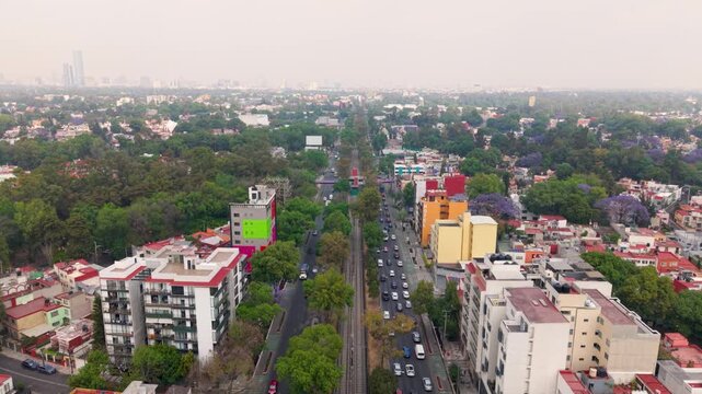 Urban avenues with fresh foliage in Mexico City drone view