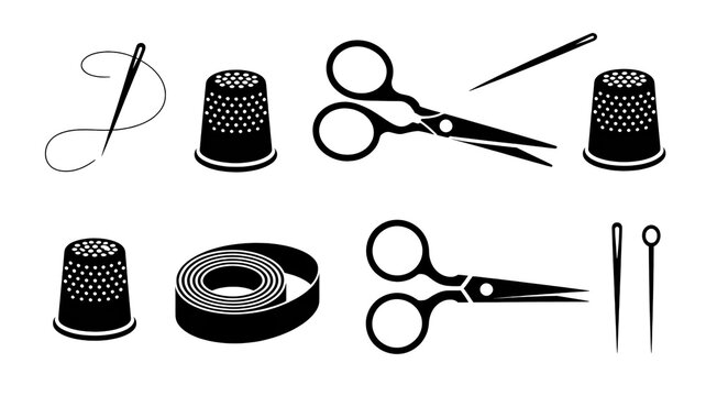 A black and white illustration of sewing and needlework tools arranged in two groups.