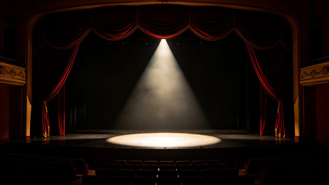 mortification. Theater curtain rises on an empty stage under a single dramatic spotlight. event programs, museum guides, designed for cultural heritage projects and event programs.