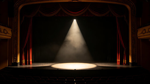 mortification. Theater curtain rises on an empty stage under a single dramatic spotlight. event programs, museum guides, designed for cultural heritage projects and event programs.