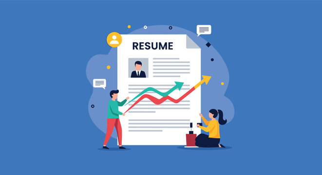 Business concept illustration showing a resume document with growth charts and professionals working to improve their career prospects.