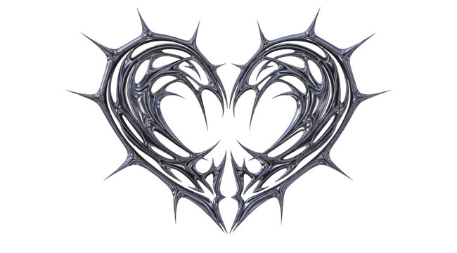 Abstract metallic chrome heart shape with sharp thorns and spikes