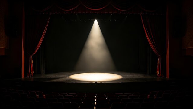 mortification. Theater curtain rises on an empty stage under a single dramatic spotlight. event programs, museum guides, designed for cultural heritage projects and event programs.