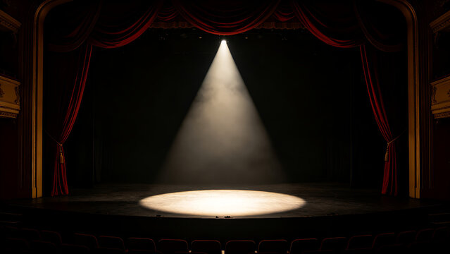 mortification. Theater curtain rises on an empty stage under a single dramatic spotlight. event programs, museum guides, designed for cultural heritage projects and event programs.