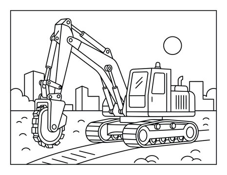 Excavator trenching machine with cutting wheel working on road construction site coloring page illustration
