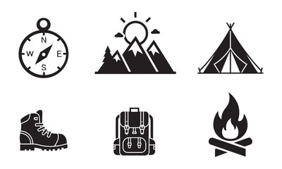 Camping and Hiking Adventure Icon Set with Mountain Backpack and Compass for Outdoor Exploration Design © MDASADUL