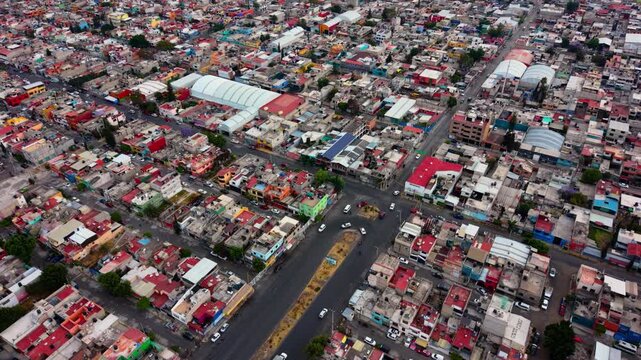 Aerial perspective of dense urban housing and roads in Ecatepec