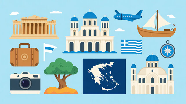 A flat design illustration of Greek travel and culture icons arranged on a light blue background with small white clouds.