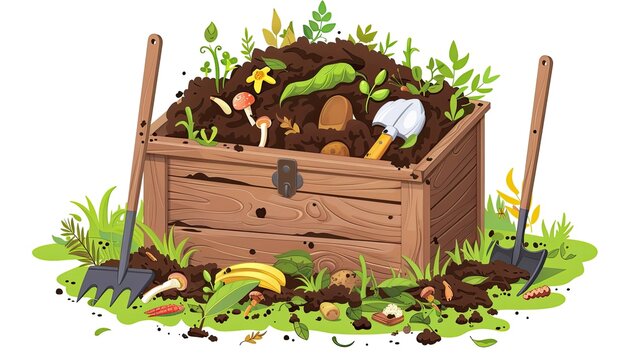 Illustration of a wooden compost bin filled with decomposing organic matter