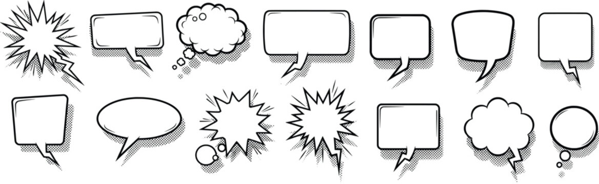 Collection of comic book style speech bubbles and text boxes