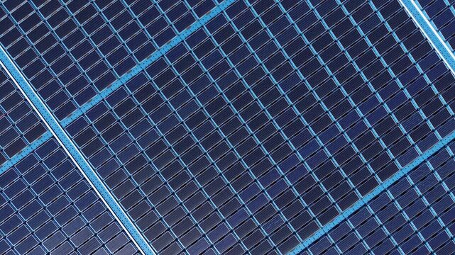 Close-up overhead view of floating solar farm on irrigation pond, revealing photovoltaic panel arrays with blue buoyancy frames, monocrystalline cells and modular grid layout