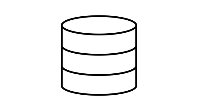 Minimalist Database Cylinder Vector Icon with Editable Stroke. Clean black line illustration on a white background representing data storage, server infrastructure, and cloud computing technology.